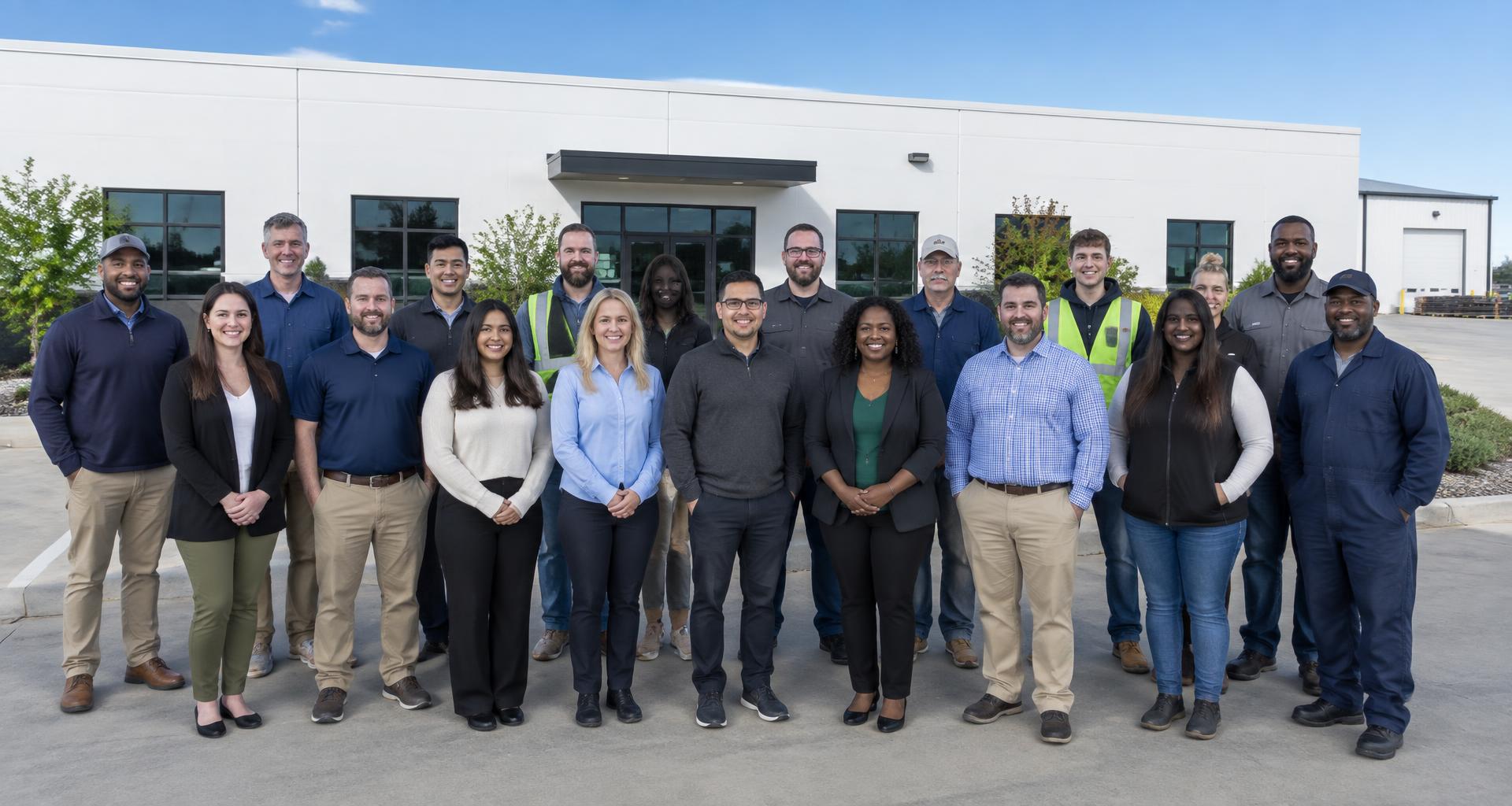 Illustrative group photograph outside a single-story industrial office building